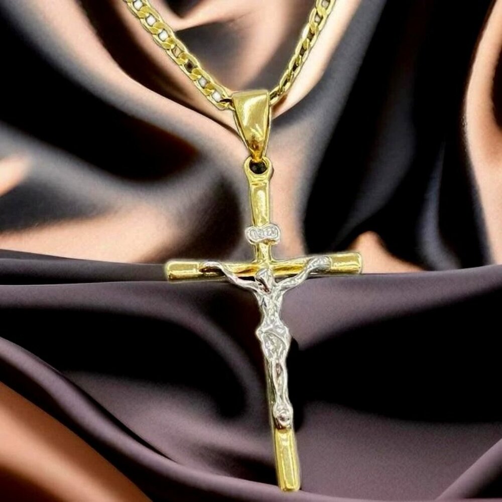 Necklace Two Tone Chain Cross Pendant 14K Yellow Gold Gifts Religious For Mens